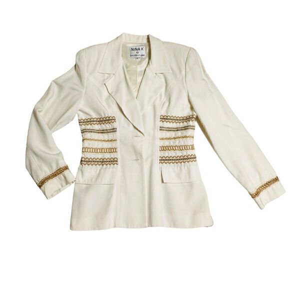 Vtg Nina K 90s cream rayon mix embroidered beaded cut out skirt suit size Small - Picture 6 of 16